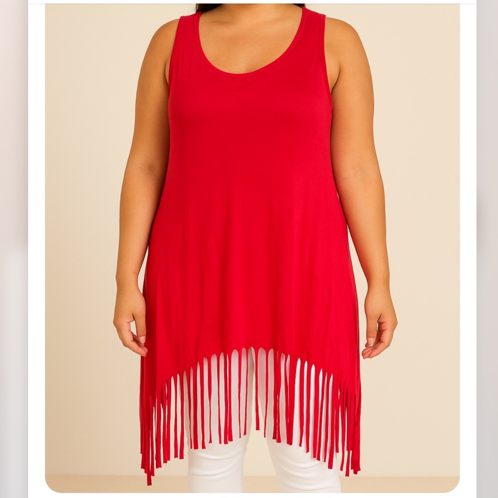 3X Plus Size Women’s Stretchy Red Sleeveless Fringe Hem Top